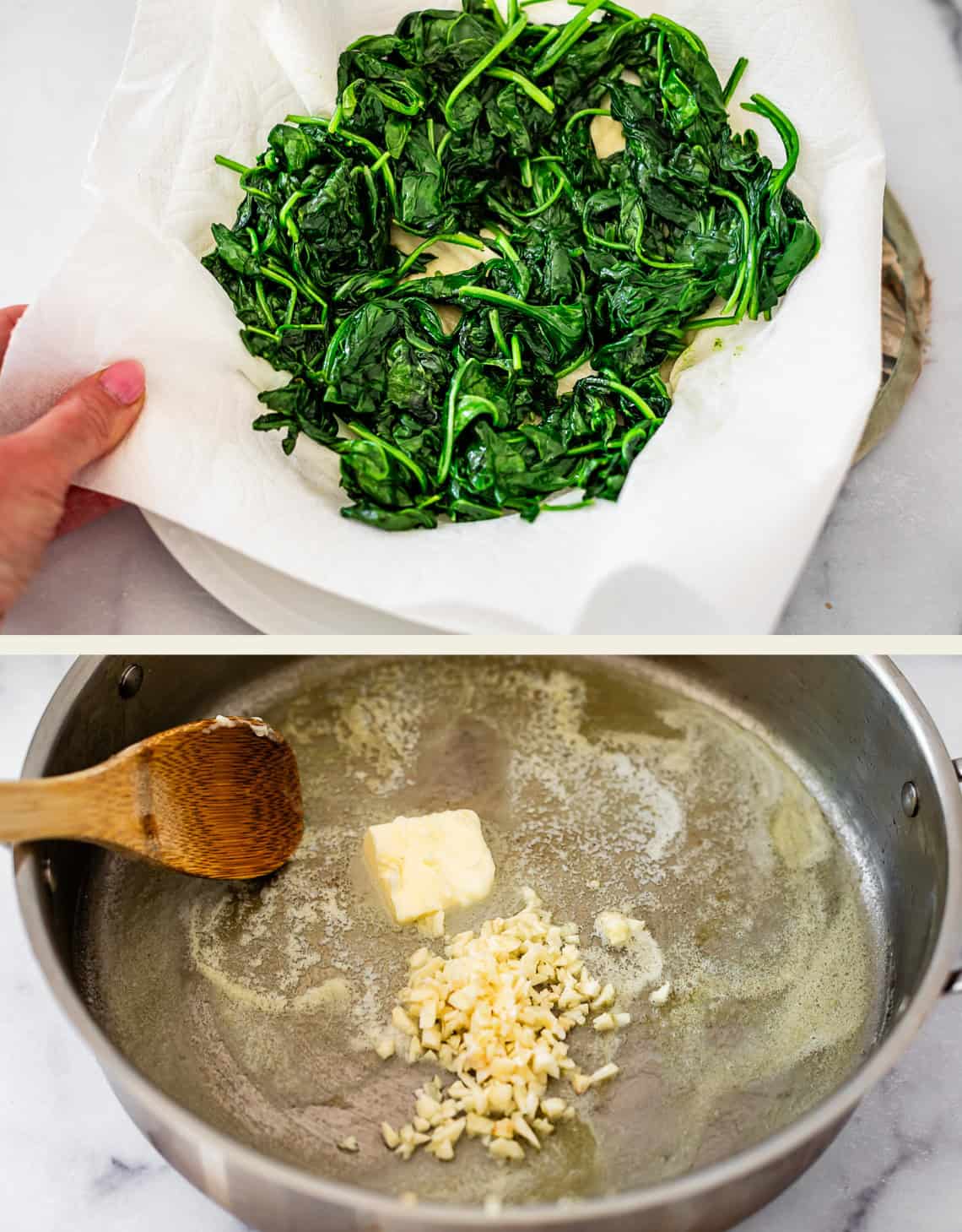Top: Hand pressing cooked spinach and garlic in a paper towel to remove moisture. Bottom: Butter and chopped garlic melting in a large pan, stirred with a wooden spoon.