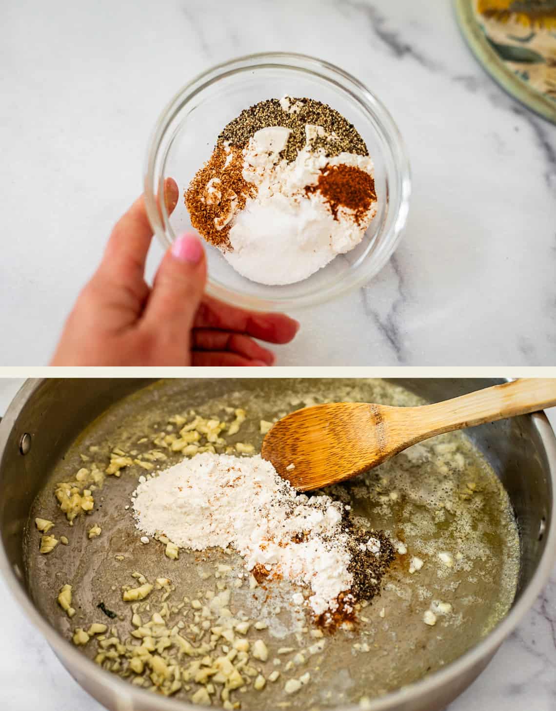 Top: A hand holds a small bowl with a mix of spices and seasonings. Bottom: The spice mix is being added to sautéed garlic in a pan with melted butter, stirred with a wooden spoon.