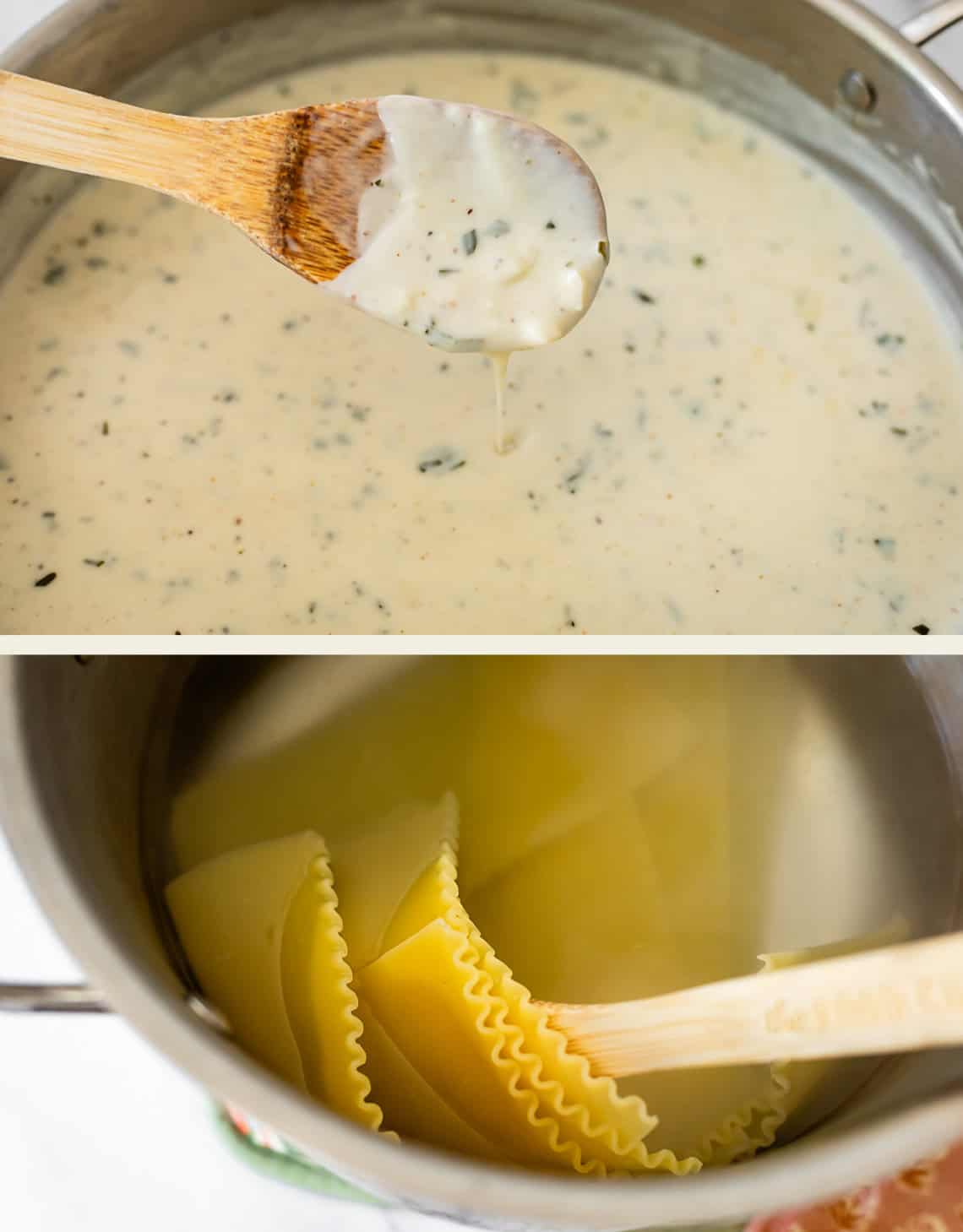 A two-part image: the top shows a wooden spoon lifting creamy, herb-flecked sauce from a pot; the bottom shows lasagna noodles being stirred in a pot of boiling water with a wooden spoon.
