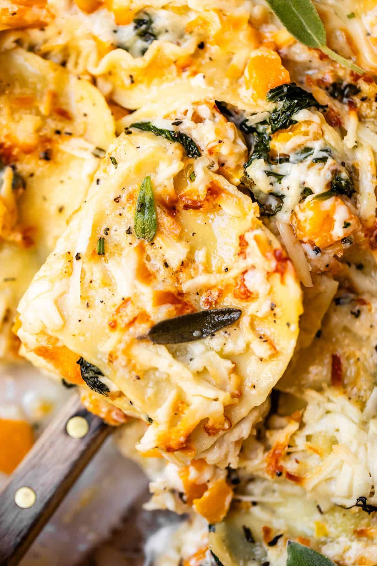 A close-up of a serving spoon lifting creamy, cheesy ravioli topped with melted cheese, herbs, spinach, and pieces of butternut squash.