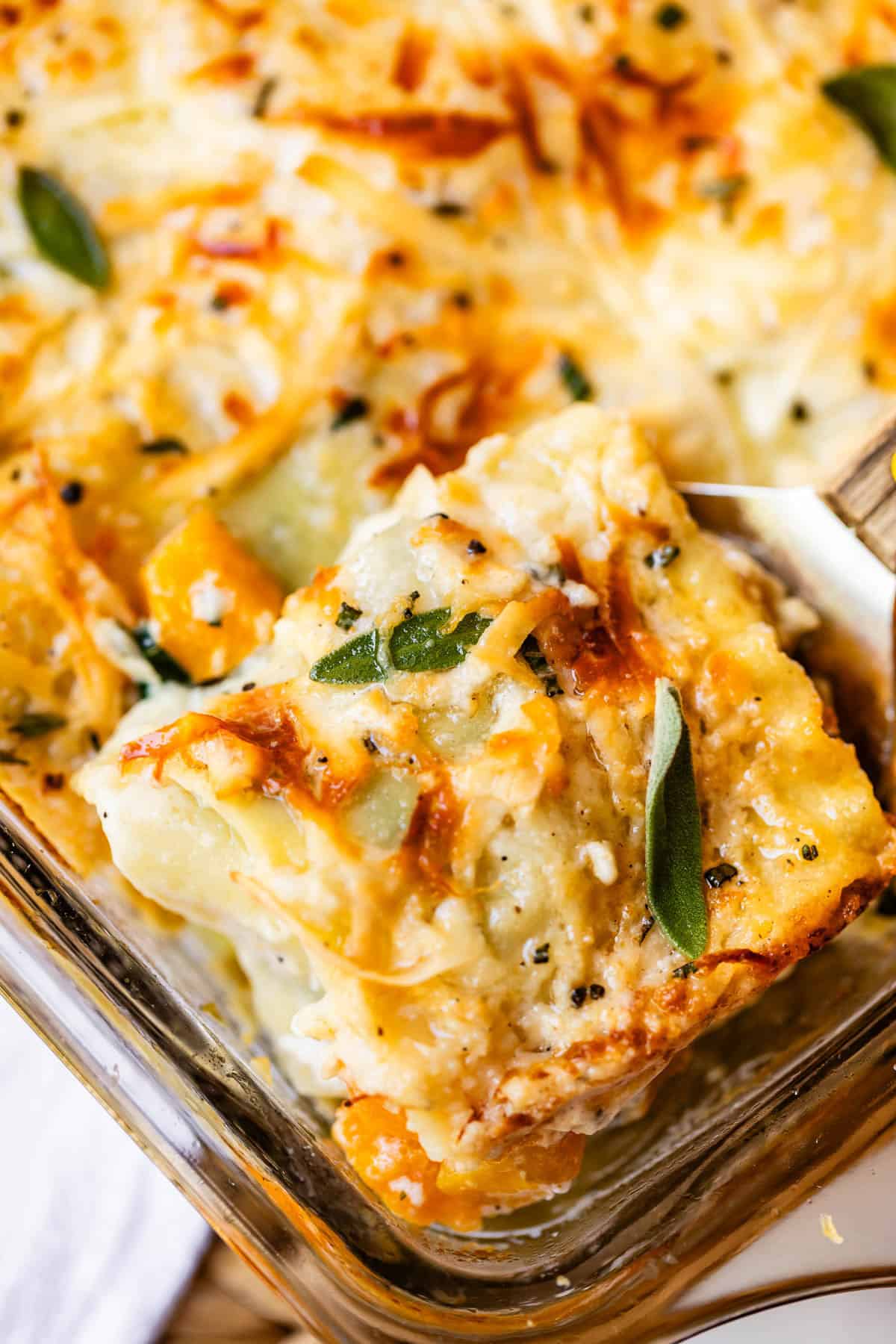 A close-up of a golden-brown cheesy casserole slice being lifted from a glass baking dish, topped with fresh herbs and melted cheese.