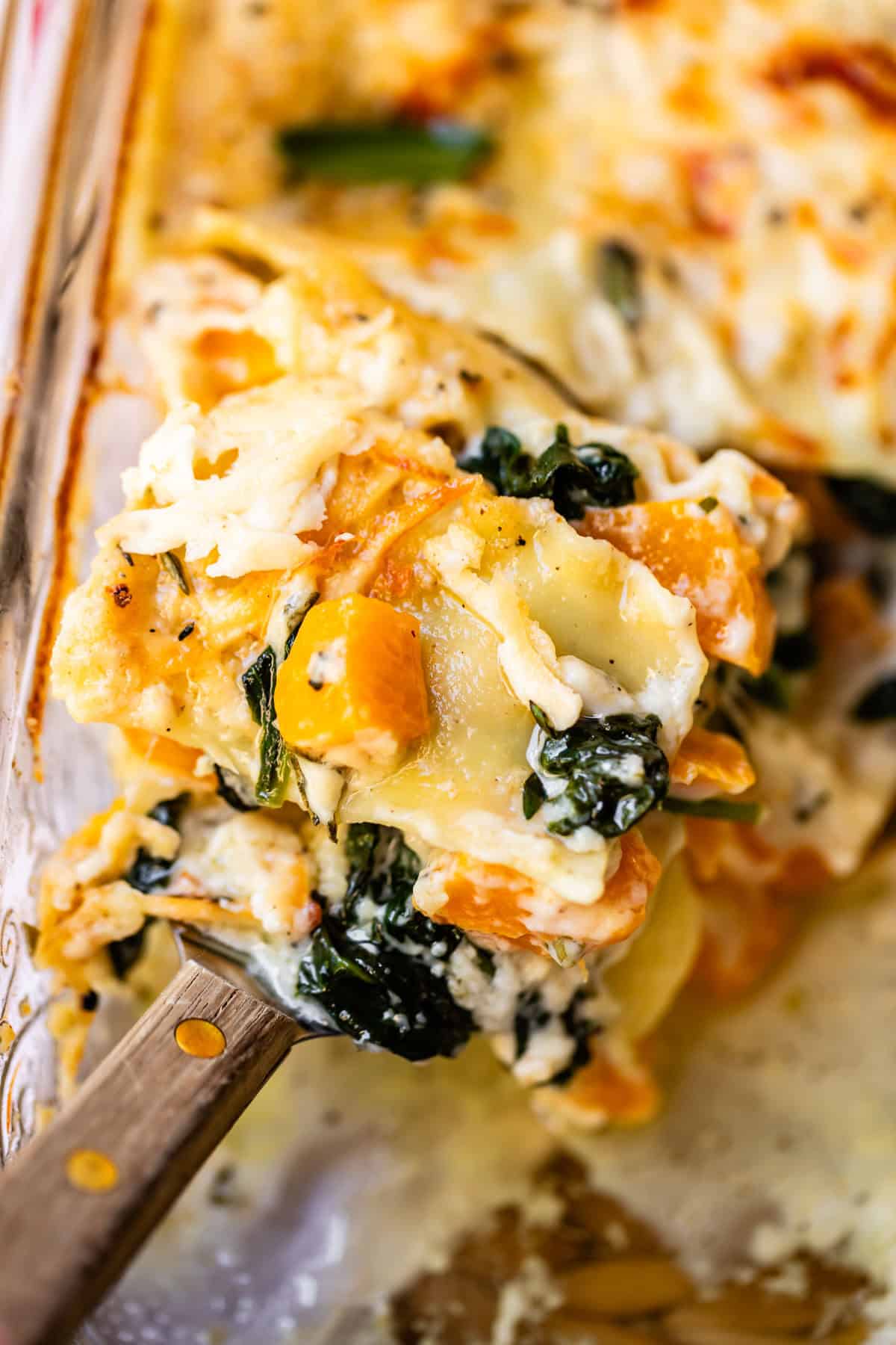 A close-up of a serving spoon lifting a portion of cheesy baked vegetable lasagna with visible layers of spinach, butternut squash, pasta, and melted cheese from a glass baking dish.