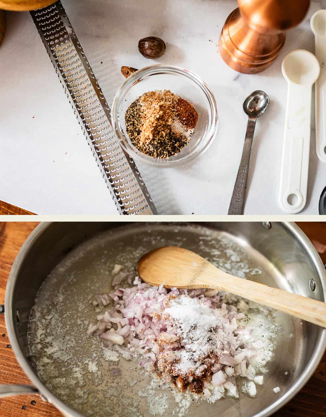 A small bowl of spices and measuring spoons on a counter, and a saucepan with melting butter, chopped onions, and spices being stirred with a wooden spoon.