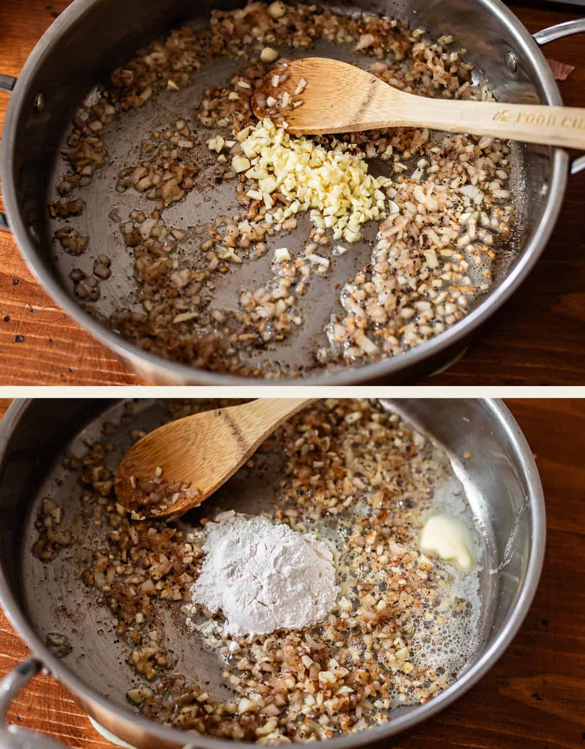 Two images: The top shows chopped onions and minced garlic being sautéed in a pan with a wooden spoon. The bottom shows the same mixture with flour and a small piece of butter added to the pan.
