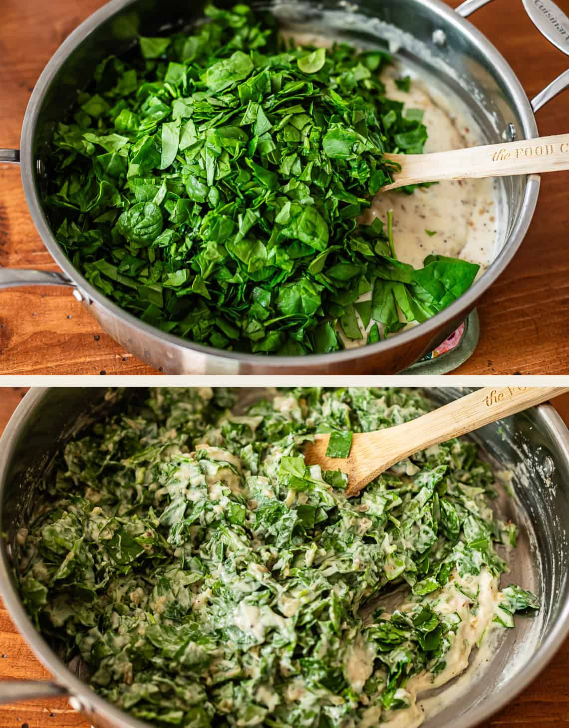 Two images: The top shows a pan with chopped spinach on a creamy sauce, and a wooden spoon. The bottom shows the spinach stirred into the creamy mixture, creating a thick, green spinach dip.