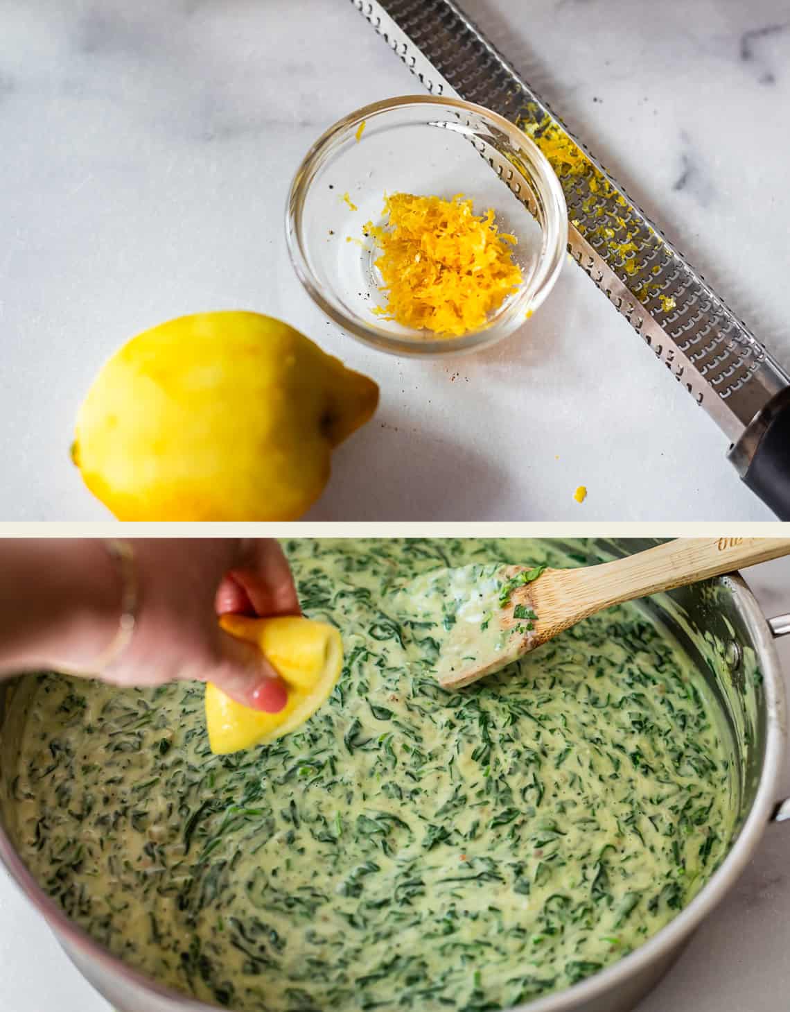 A small bowl of lemon zest, a lemon, and a zester sit on a countertop. Below, a hand squeezes a lemon over a pot of creamy spinach, stirring with a wooden spoon.