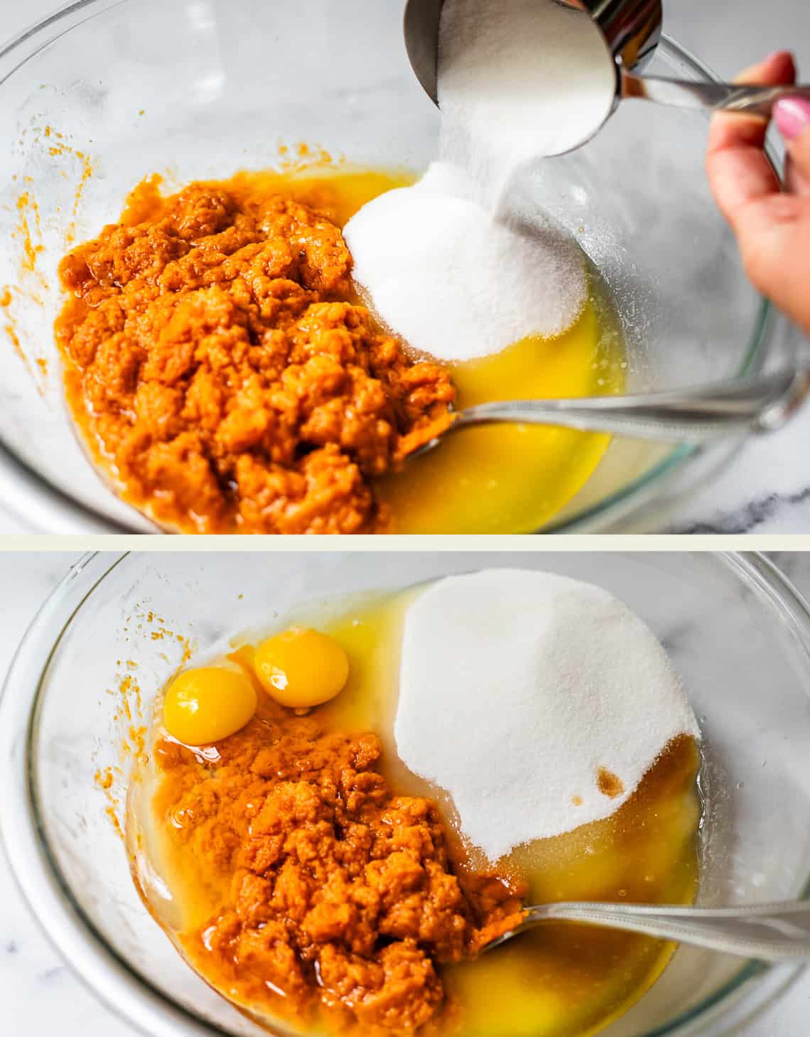 Two photos show a glass bowl with ingredients for baking: pumpkin puree, melted butter, and sugar, with a hand pouring sugar in the top image; eggs are added in the bottom image, and two metal spoons rest in the bowl.