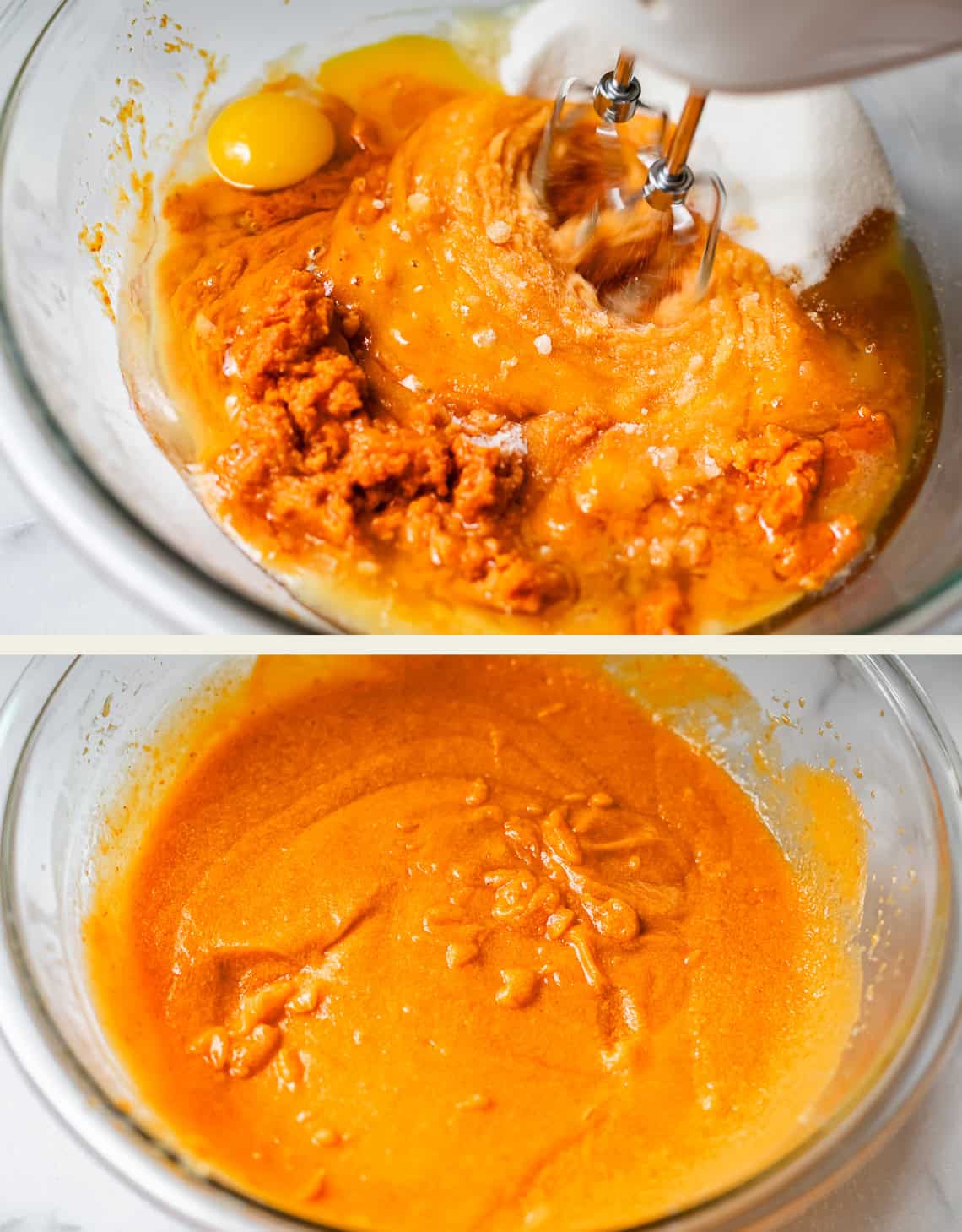 Two images: Top—ingredients including pumpkin puree, egg, sugar, and oil being mixed by a hand mixer in a glass bowl. Bottom—smooth, blended orange batter in the bowl on a white surface.