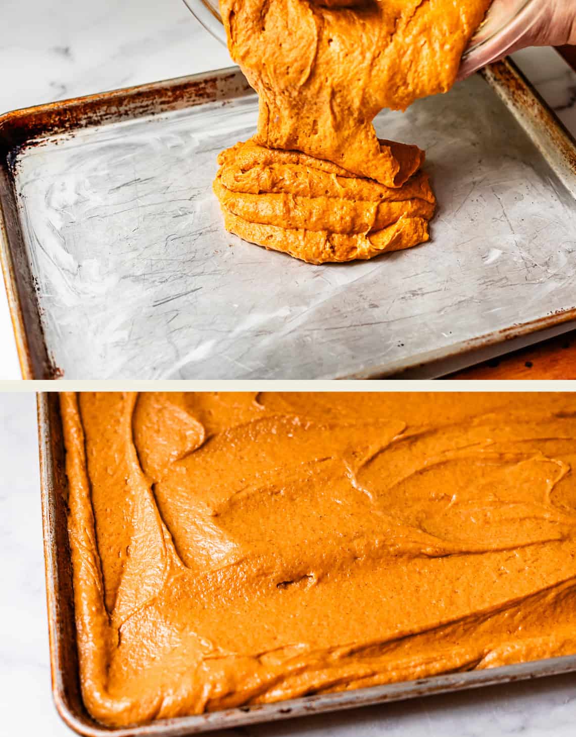 Top: Thick orange batter is being poured onto a greased baking sheet. Bottom: The batter is evenly spread across the entire baking sheet, ready for baking.