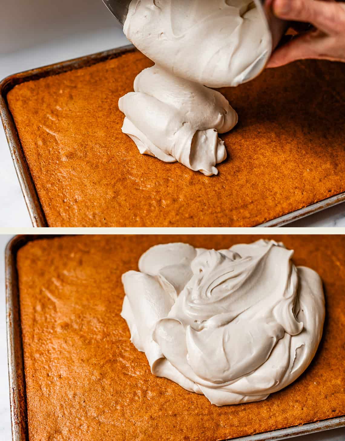 Two images of a large sheet cake: in the first, frosting is being spread onto the cake; in the second, a close-up shows a generous dollop of swirled frosting on top, ready to be spread.