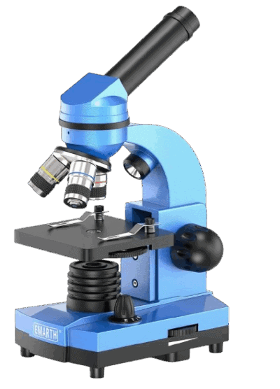 A blue and black Emarth compound microscope with multiple objective lenses, a stage for slides, adjustment knobs, and a mirror for reflecting light. The microscope is upright on a white background.