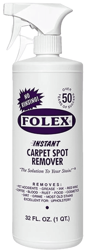 A white spray bottle of Folex Instant Carpet Spot Remover, featuring purple and black text detailing its use for removing stains like pet accidents, grease, and coffee from carpets and upholstery.
