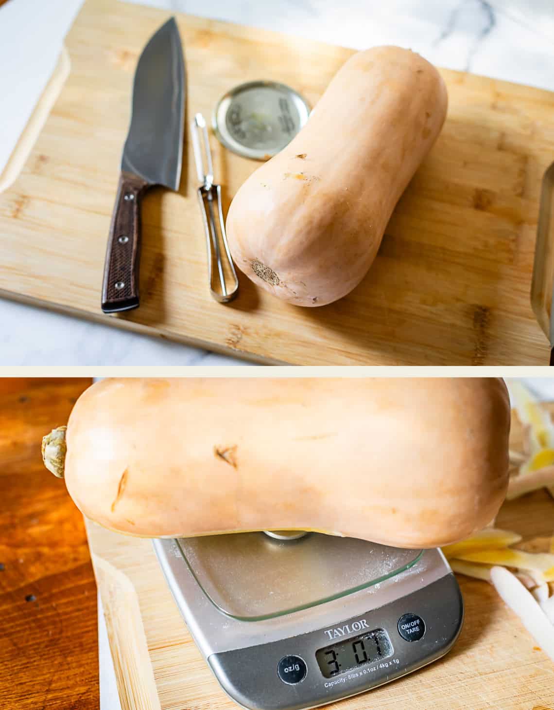 Top: A whole butternut squash, knife, and peeler on a wooden cutting board. Bottom: The butternut squash placed on a digital kitchen scale displaying a weight of 3.70 pounds.
