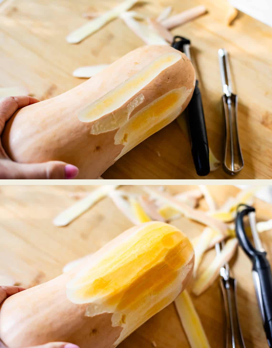 Two photos show a hand peeling a butternut squash on a wooden surface. Vegetable peelers, squash peels, and a partially peeled squash are visible in both images.