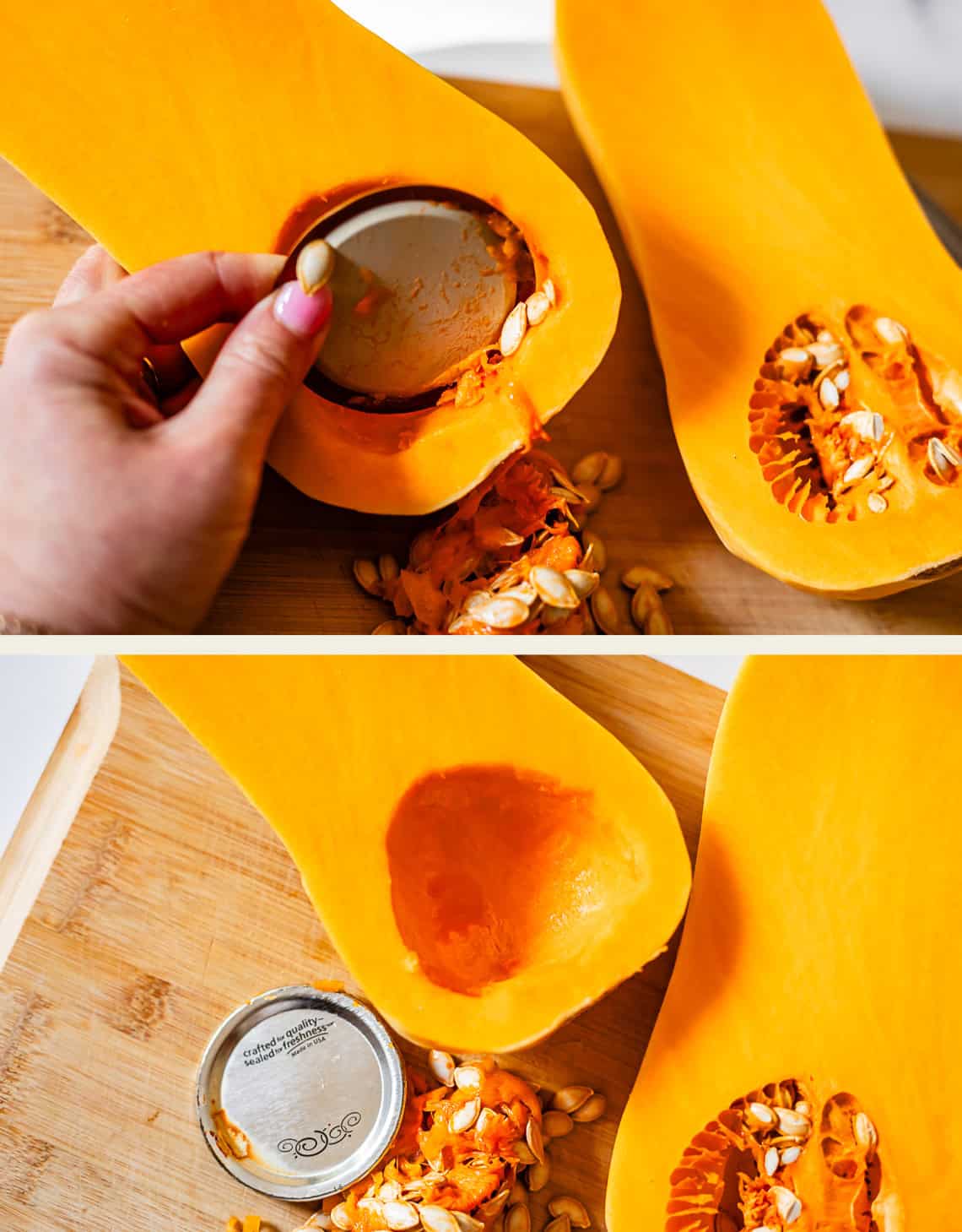 A hand uses a metal lid to scoop seeds from a halved butternut squash on a wooden board. The second image shows the squash with the seeds removed and the lid nearby.