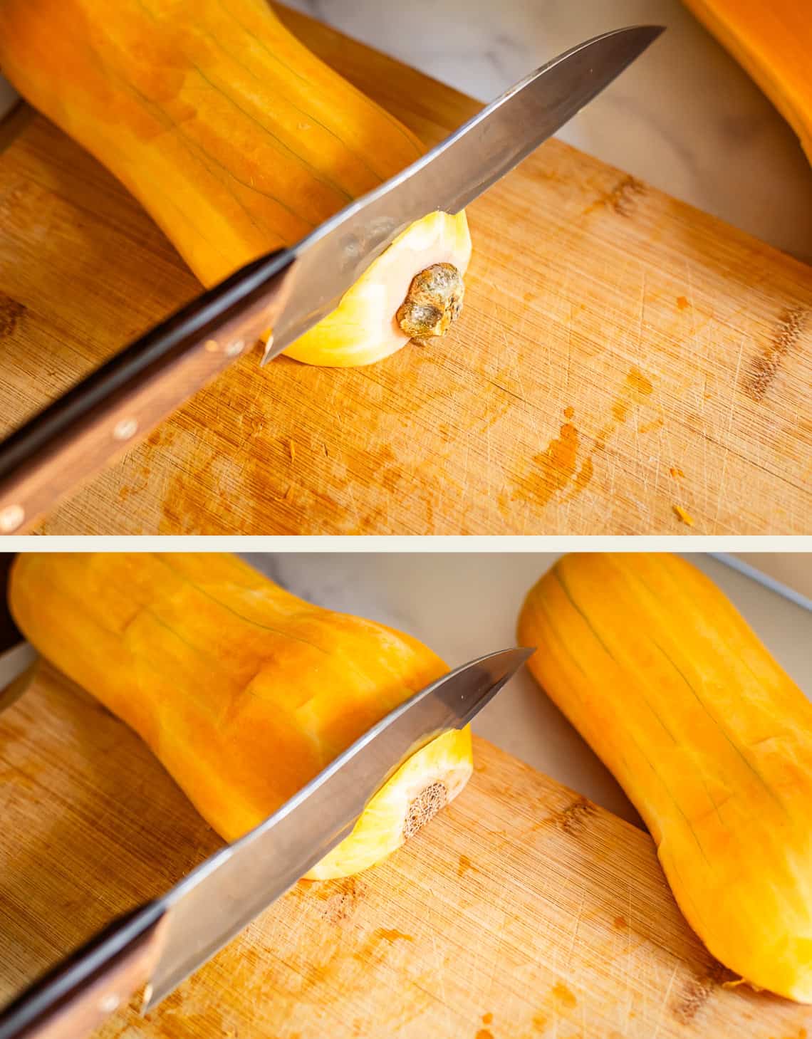 A large knife slices through the stem end of a butternut squash on a wooden cutting board. The top image shows the knife positioned above the squash, while the bottom image shows the cut completed.