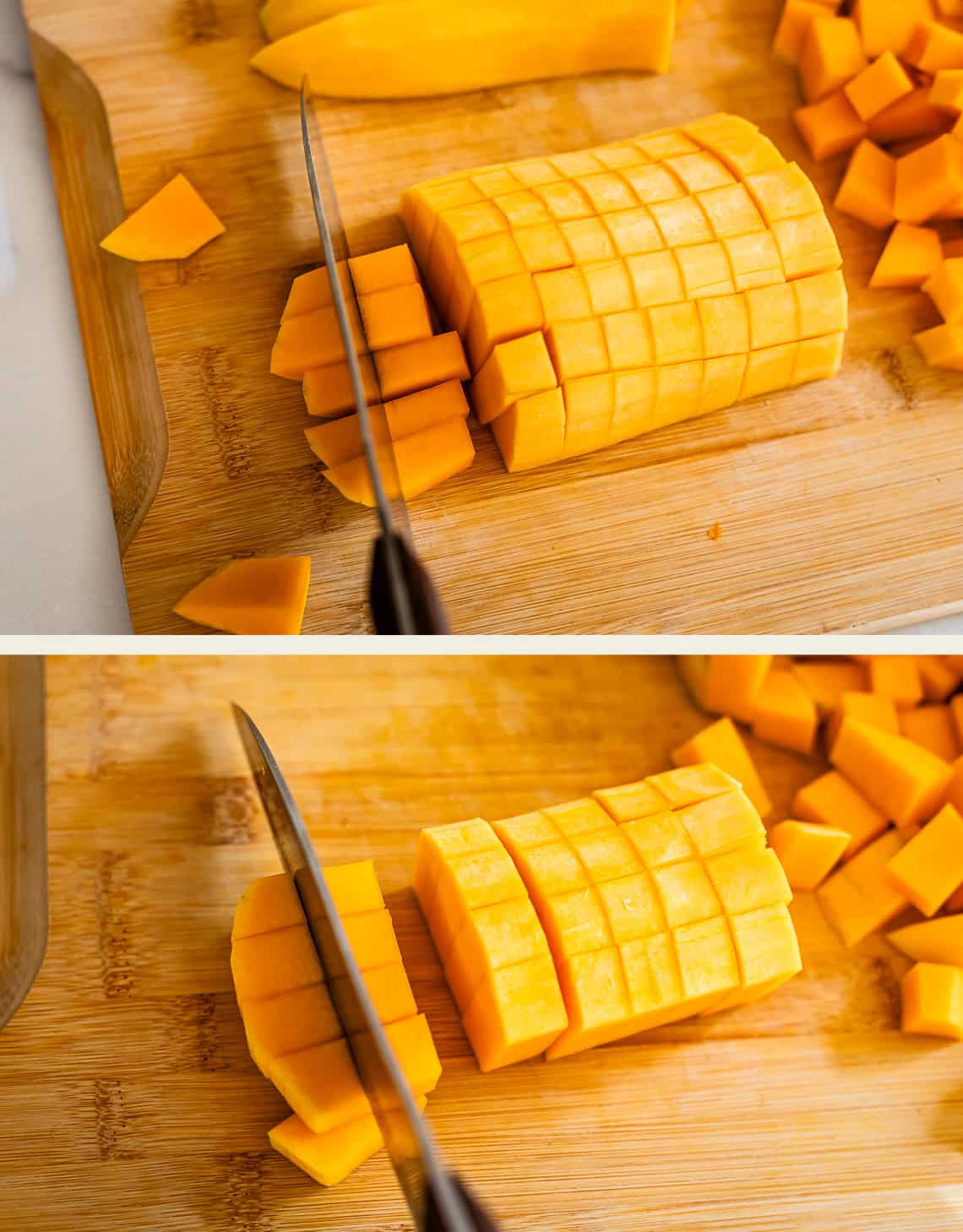 Two photos show a mango being sliced and diced on a wooden cutting board. A knife is cutting through the cubed mango in both images, with diced mango pieces scattered nearby.
