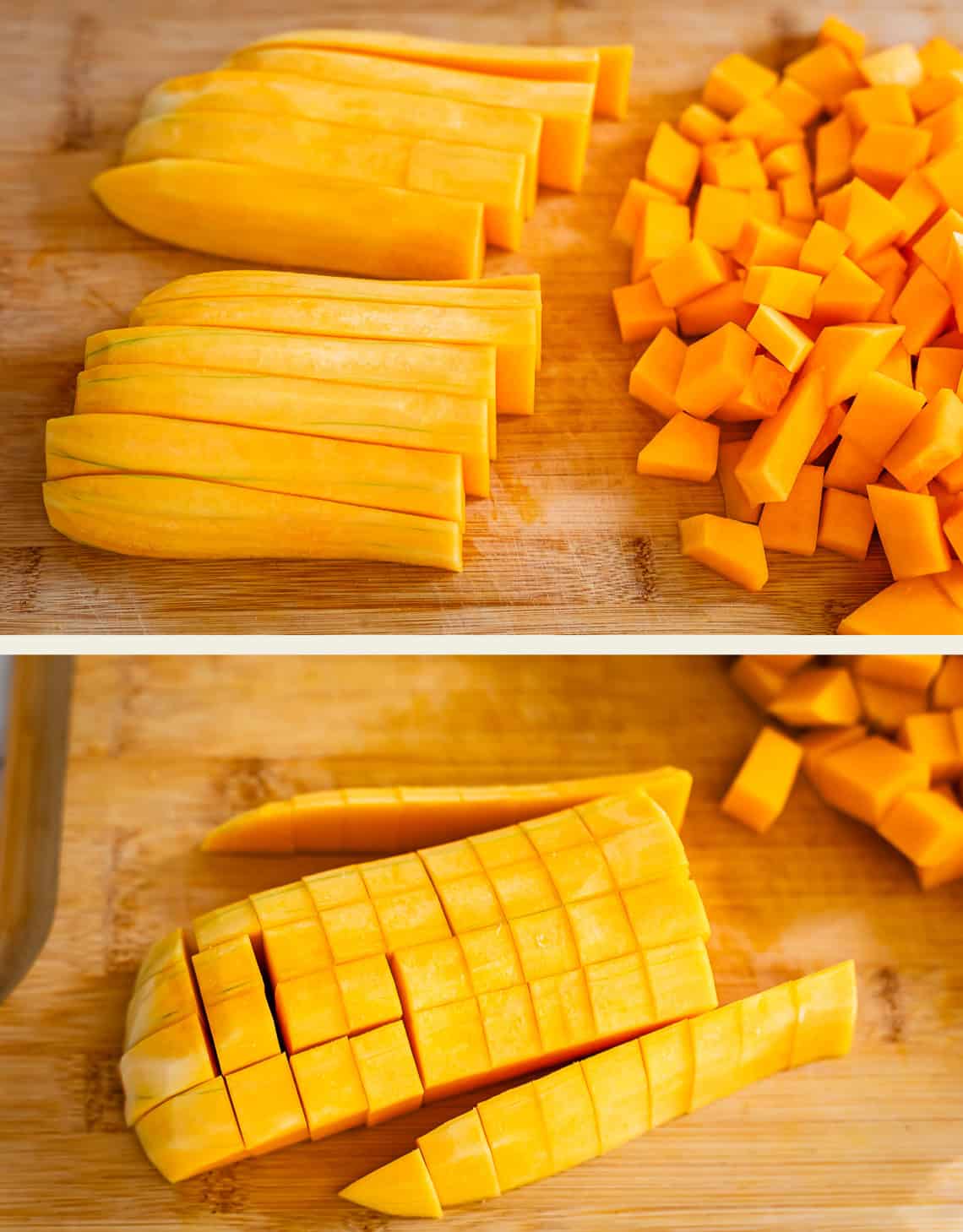 Two images showing a butternut squash being cut: the top image has peeled squash sliced and diced into cubes; the bottom image shows the squash sliced lengthwise and crosswise, ready to be cubed.