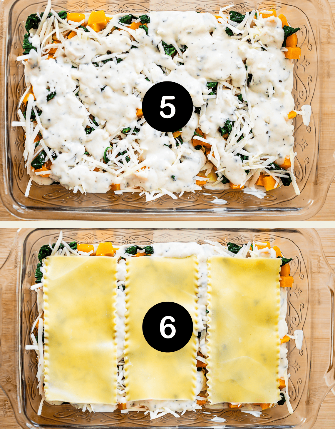 Top image: A glass baking dish with mixed vegetables, shredded cheese, and white sauce. Bottom image: Three uncooked lasagna noodles placed evenly over the vegetable mixture in the same dish.
