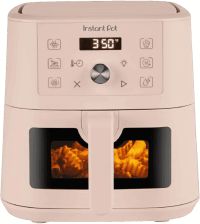 A beige Instant Pot air fryer with a digital display showing 350°F. Crinkle-cut fries are visible through the front window inside the fryer.