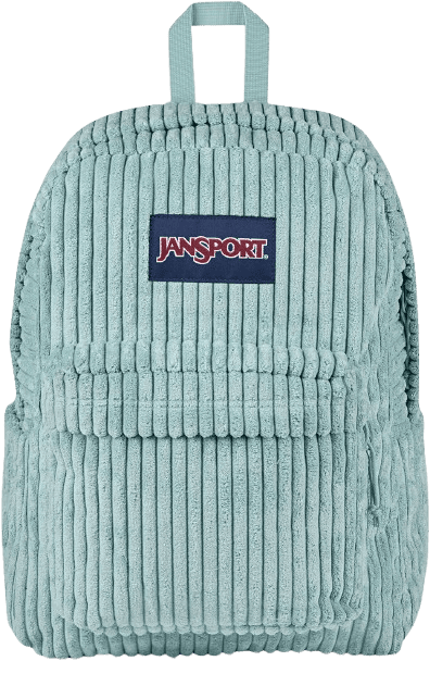 A light blue corduroy JanSport backpack with a front pocket, side pocket, and a handle at the top. The JanSport logo patch is displayed on the front.