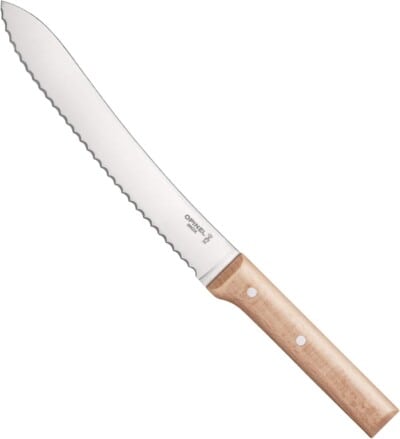 A serrated bread knife with a wooden handle and three rivets, featuring a long stainless steel blade.