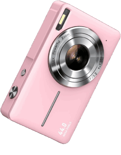 A pink digital camera with a silver lens marked 16X Powerful Zoom and F/3.2 f=7.36mm. The camera is shown at an angle, displaying a side button and a flash above the lens.
