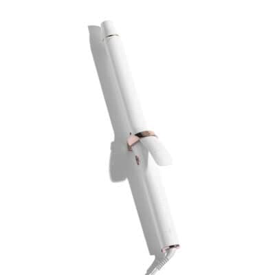 A white curling iron with rose gold accents and a clamp, shown on a white background with a shadow cast to the left.