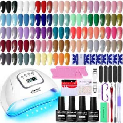 A gel nail polish kit with 64 colorful polish swatches, a white LED nail lamp, nail files, clippers, nail tools, toe separators, nail stickers, remover wraps, and four JODSONE gel bottles for base, top, and matte coats.