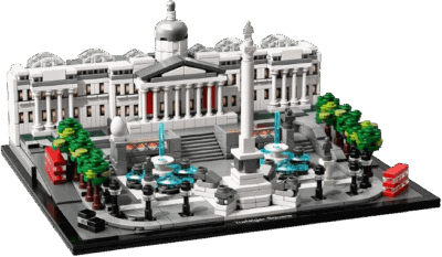A LEGO model of Trafalgar Square featuring the National Gallery, Nelson’s Column, fountains, lion statues, trees, and two red double-decker buses on either side.