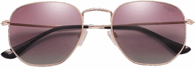 Front view of stylish sunglasses with rose gold metal frames and large, gradient purple-tinted lenses. The temples are thin and black, and the nose pads are clear for comfort.
